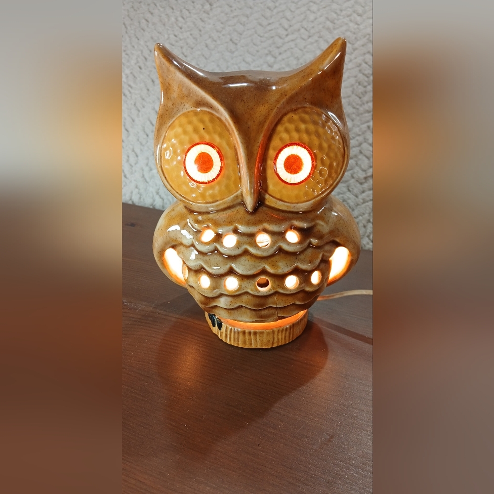 Vintage 6" Owl Night Light 1970s Glazed Ceramic Light Up Table Lamp